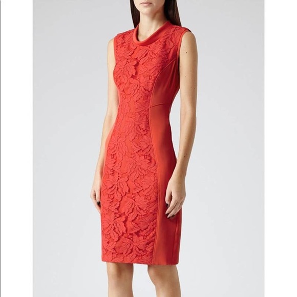 Reiss Dresses & Skirts - Reiss | Riva Lace Orange Red Draped Neck Sleeveless Sheath Cocktail Dress 6
